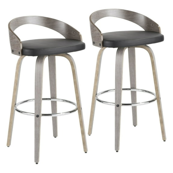 Grotto Mid-Century Modern Barstool With Light Grey Wood And Black Faux Leather - Set Of 2