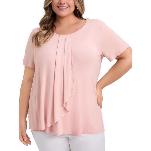 GRACE & GRANDEUR Blusas de Talla Grande para Mujeres con Pliegues, Manga Corta, Cuello Redondo, Casual, con Volantes, Tops de Verano 3X Rosa