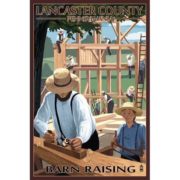Lancaster County, Pennsylvania, Amish Barn Raising Scene (36x54 Giclee Gallery Art Print, Vivid Textured Wall Decor)
