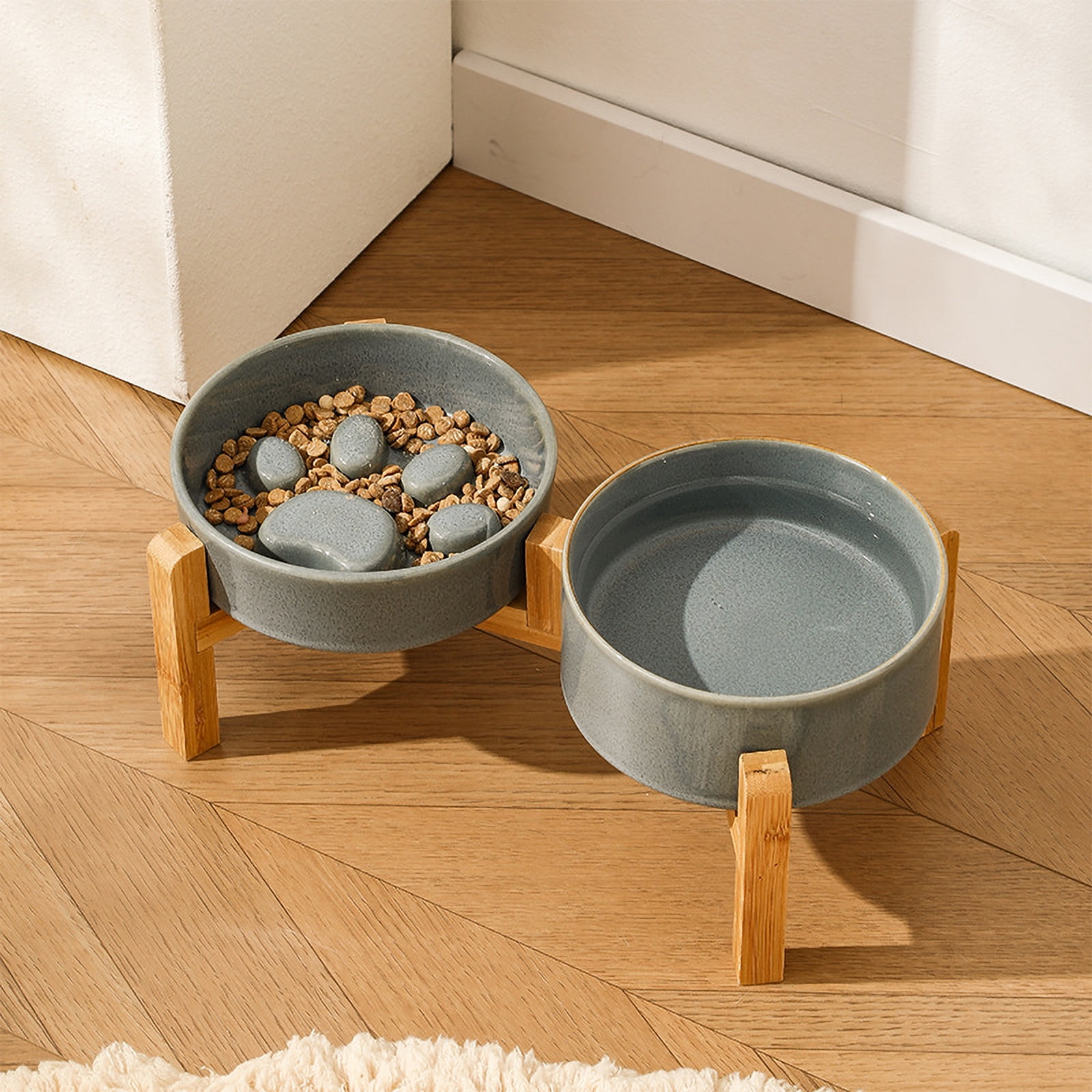 JoyPetto Elevated Ceramic Slow Feeder Water Bowl Set with Adjustable Bamboo Stand, 6.5" 6.1" 27oz Safe Feeder for Small Pets, Grey