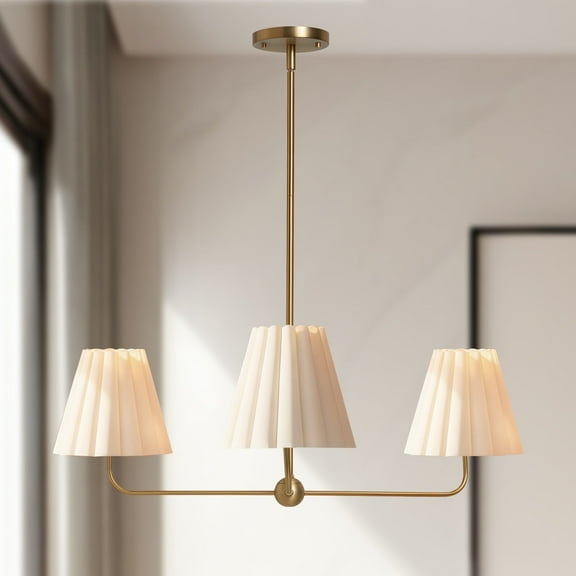 Classic Brass Chandelier with White Linen Shade, 36 Inch Chandelier, Unique Elegant Ceiling Mounted Light, Ceiling Light over Kitchen Island, for Living Room, Dining Room