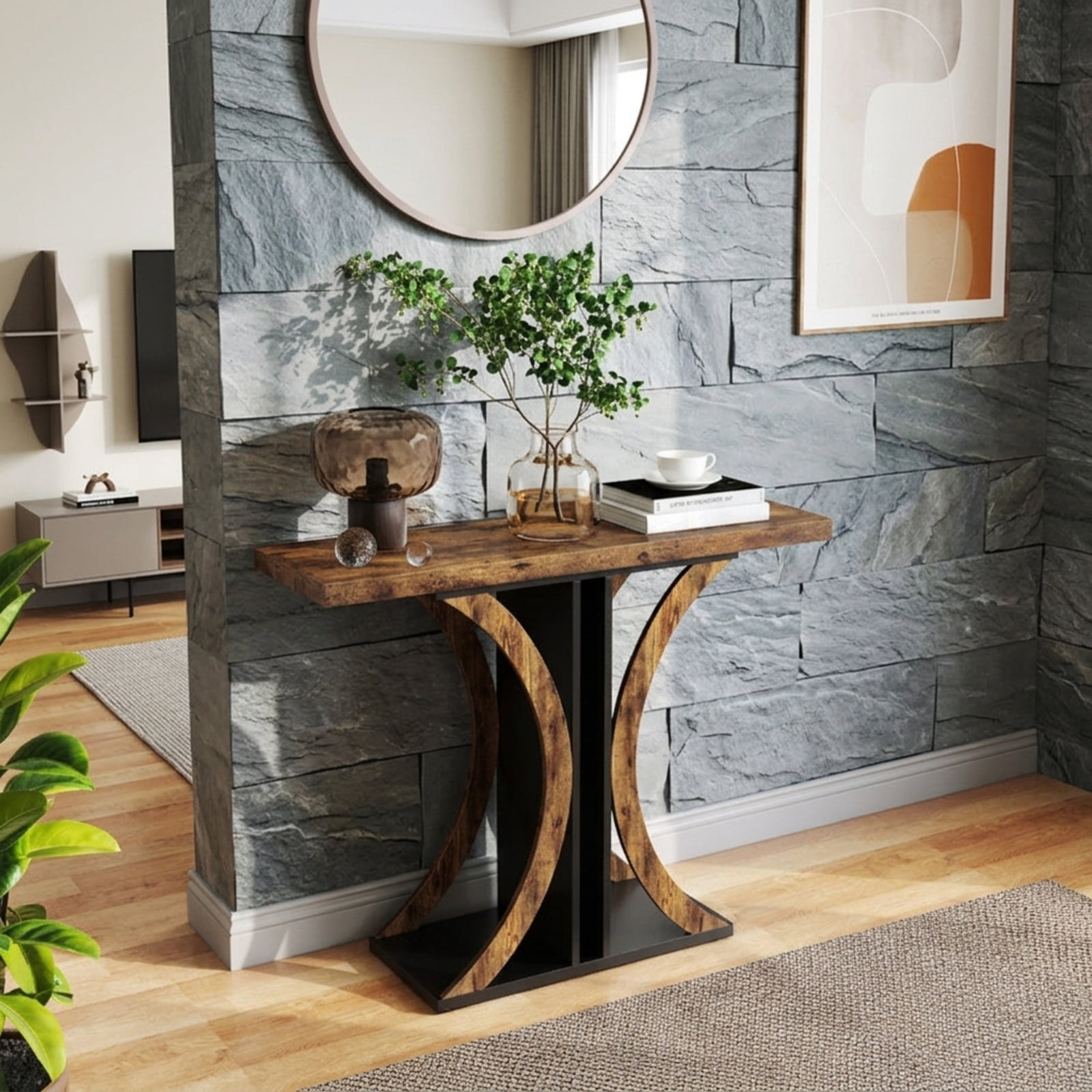 Furnibear 39.5 Inch Console Table Rectangular Entryway Table with Geometric Frame for Living Room Hallway Sofa Small Space, Rustic Brown