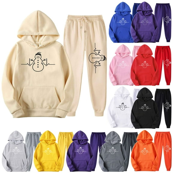 VBTAPA 2 Piece Outfits for Women Christmas Sweatsuits Sets Cute Graphic Print Hooded Tracksuit Long Sleeve Pullover Jogger Sweat Pants Set Black XL