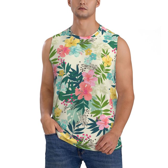 Fotbe Tropical Flowers Men's Camiseta sin Mangas Estampada para Hombres, Playera Casual para Gimnasio, Entrenamiento, Playa-Large
