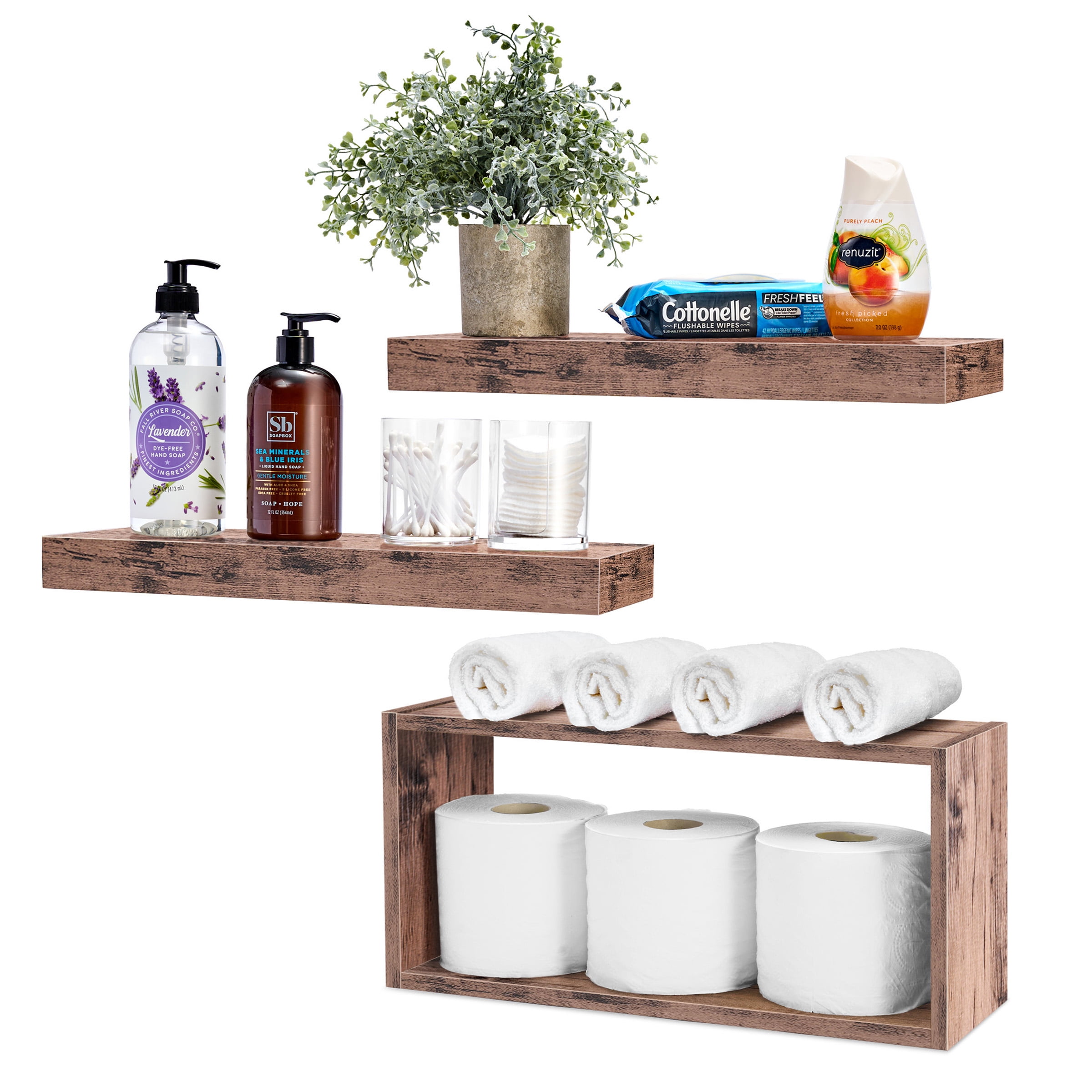 Sorbus Floating Shelves for Wall Set of 3 - Bathroom Shelves for Wall Storage, Over Toilet, Bedroom, Farmhouse, Wall Decor - 2 Floating Shelves with Invisible Brackets & 1 Rectangular Box