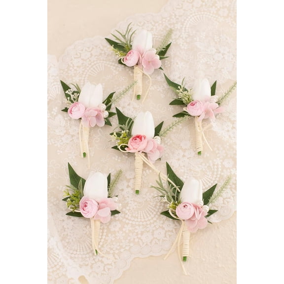 EP Set of 6 White & Blush Pink Boutonniere for Men Wedding Groom Groomsmen Artificial Tulip Rose Flowers Boutonniere for Prom Homecoming Ceremony Anniversary Formal Dinner Party