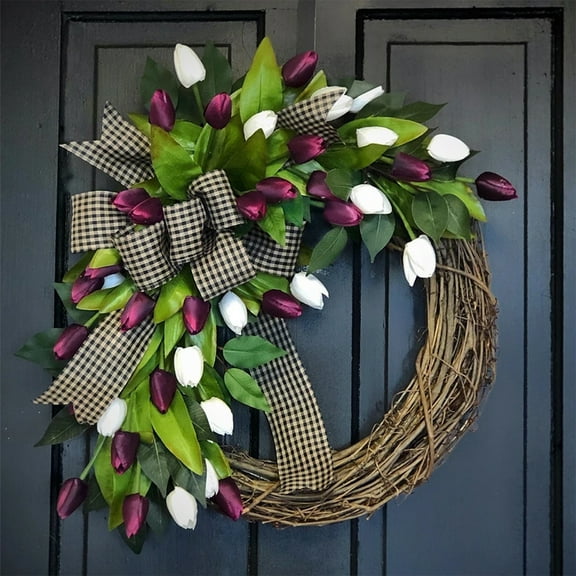 1PC Tulip Wreath for Front Door Artificial Swag Wreath for Indoor Outdoor Wall Festival Home Farmhouse Wedding Decor