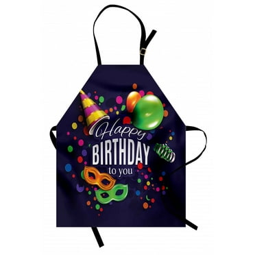 Birthday Apron Colorful Balloons Curling Ribbons Carnival Mask Party Hat Confetti Desgin Print, Unisex Kitchen Bib Apron with Adjustable Neck for Cooking Baking Gardening, Multicolor, by Ambesonne
