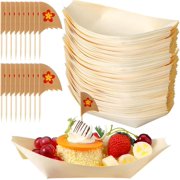 LUU-50 Pack 8 Inch Disposable Bamboo Boat Plates with Wood Sailing Flag Cake Topper Wooden Charcuterie Trays Platter Serving Plates for Birthday Party Decorations Tropical_SAI