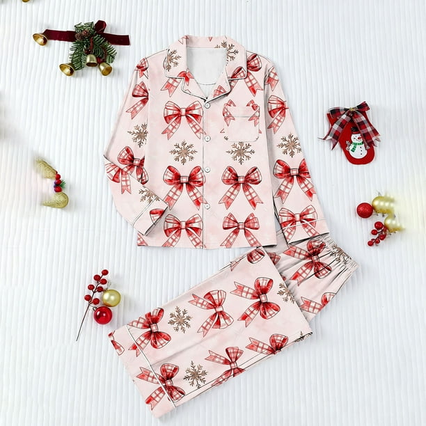 Puyaiuu Women 2 Piece Christmas Satin Pajama Set Cute Print Long Shirt Loose Shorts Matching Set Loungewear Gift