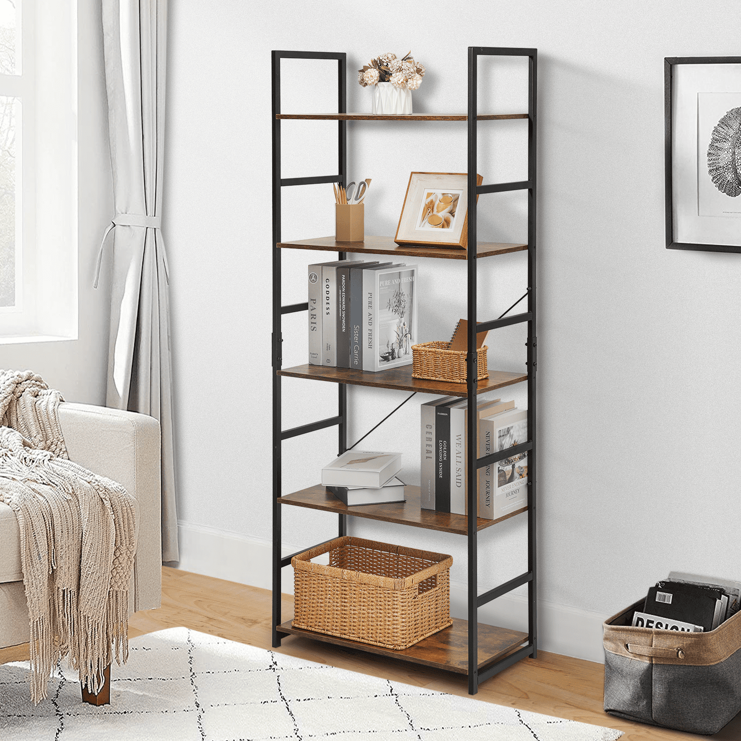 MoNiBloom 5 Shelves Rustic Bookcase, Industrial Shelf Unit, with Metal