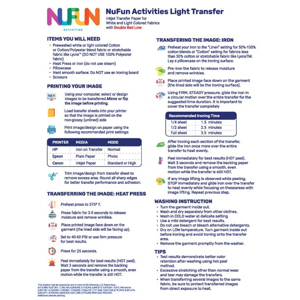 NuFun Activities Inkjet Printable Iron-On Heat Transfer Paper, Light and  Dark Combo Pack, 8.5 X 11 Inch, 25 Sheets Light/25 Sheets Dark - Walmart.com
