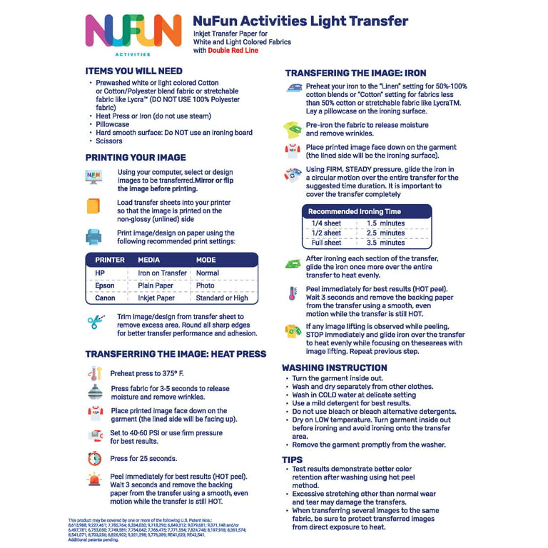 InkJet Printable Transfer Paper for Light Fabrics 8.5x11 – NuFun  Activities