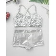 thumbnail image 3 of XUNZOO 3Pcs Girls Metallic Dance Outfit Kids Sport Crop Top Bra with Shorts Hair Tie for Gym Workout Silver 12, 3 of 7