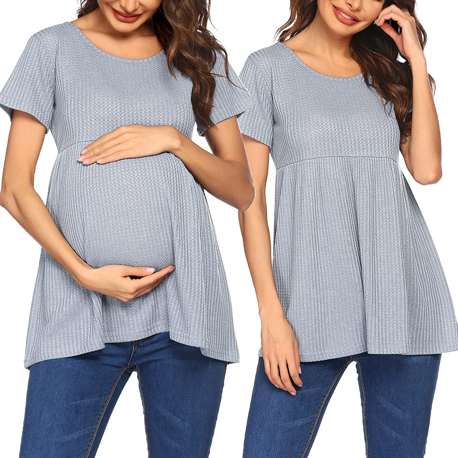 Hotouch Women's Maternity Tops Waffle Knit Short Sleeve Criss Cross Back Shirts Peplum Pregnancy Blouse S-XXL 