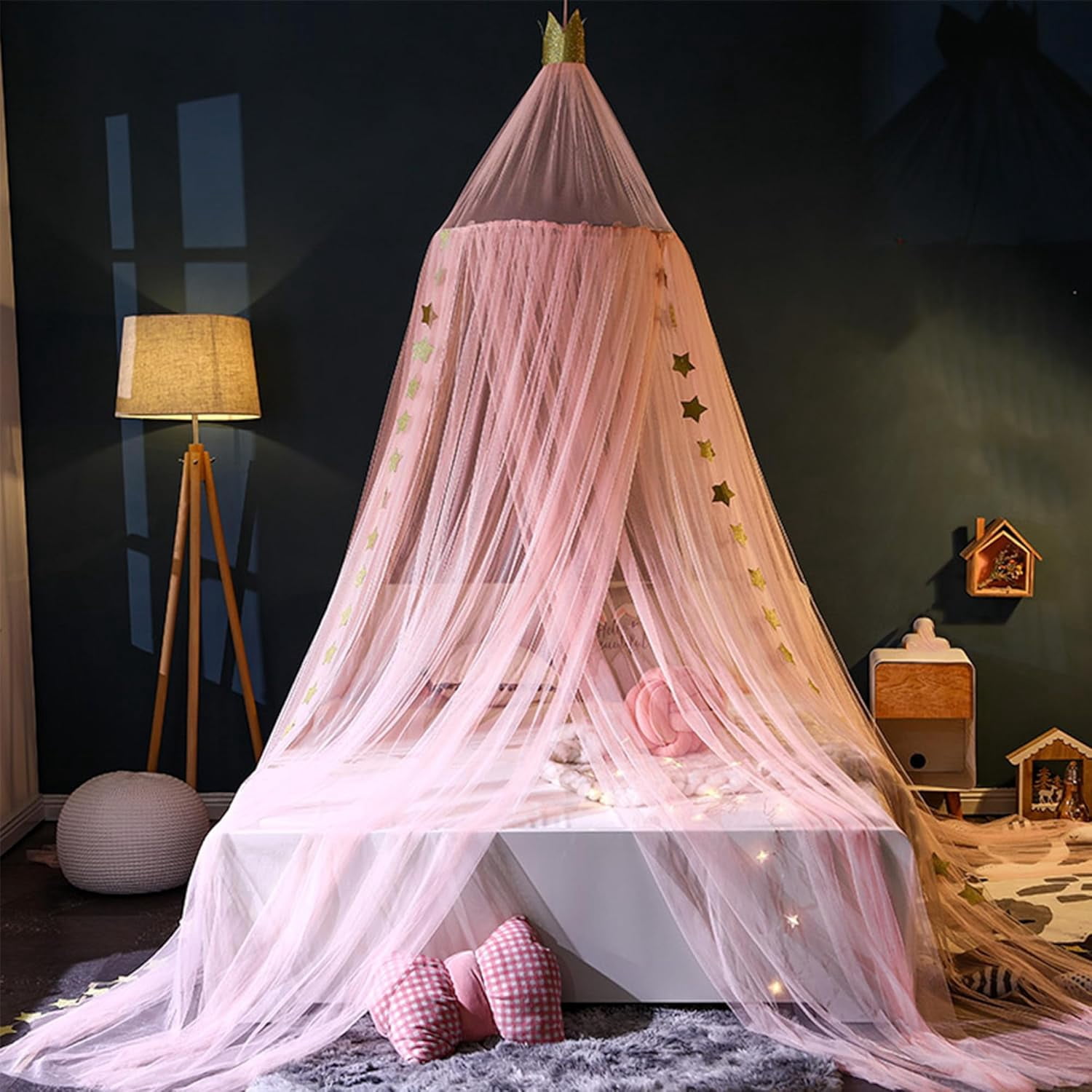 Kids Bed Canopy with Stars:Breathable Canopy Bed Curtains,Hanging Net Crown Bed Tent,Princess Room Decor for Kid's Room,Nursery,Reading Nook (Pink)