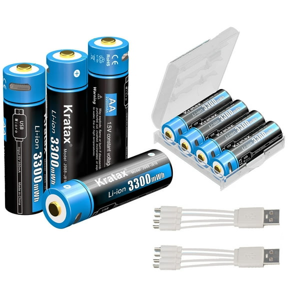 Kratax 8 Pack USB 1.5V Rechargeable Lithium AA Batteries 3300mWh 1500 Cycles with USB Cable
