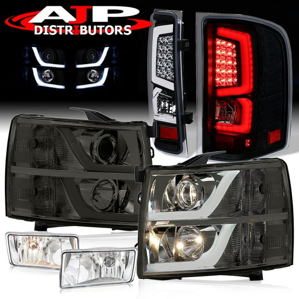 AJP Distributors Replacement LED DRL Smoked Headlights + C-Streak Black  Clear Tail Lights + Clear Fog Light Lamps Set For Chevrolet Silverado 1500  