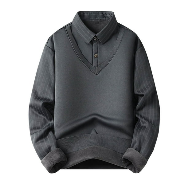 Blusa y camisa de manga larga con cuello vuelto para hombre, estilo casual, lisa, con rayas y cuello vuelto, de poliéster.