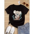 thumbnail image 1 of Camiseta infantil con estampado de koala, manga corta y cuello redondo de poliéster Dayman, suave y elástica, para niñas de 7 a 14 años, ropa deportiva informal de punto para exteriores., 1 of 6