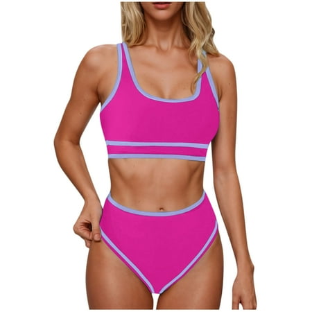 Sports Swimsuits Women 2 Piece High Waisted Neon Colorblock Cute Bikini Set Adjustable Strap Two Piece Bathing Suits (S  Hot Pink)