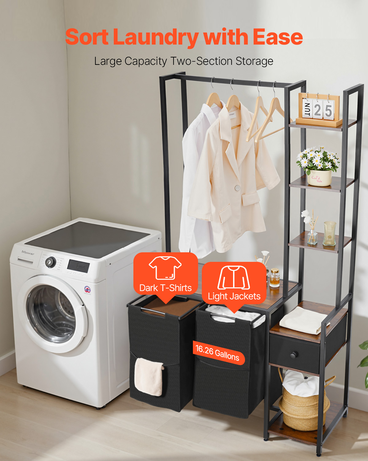 VEVOR 3 Tiers Laundry Sorter with Rack, Tall Laundry Hamper with Shelves and Drawers, 2 Section Freestanding Hanging Rack Storage with 600D Oxford Cloth Bags and Ladder Shelves for Dirty Clothes