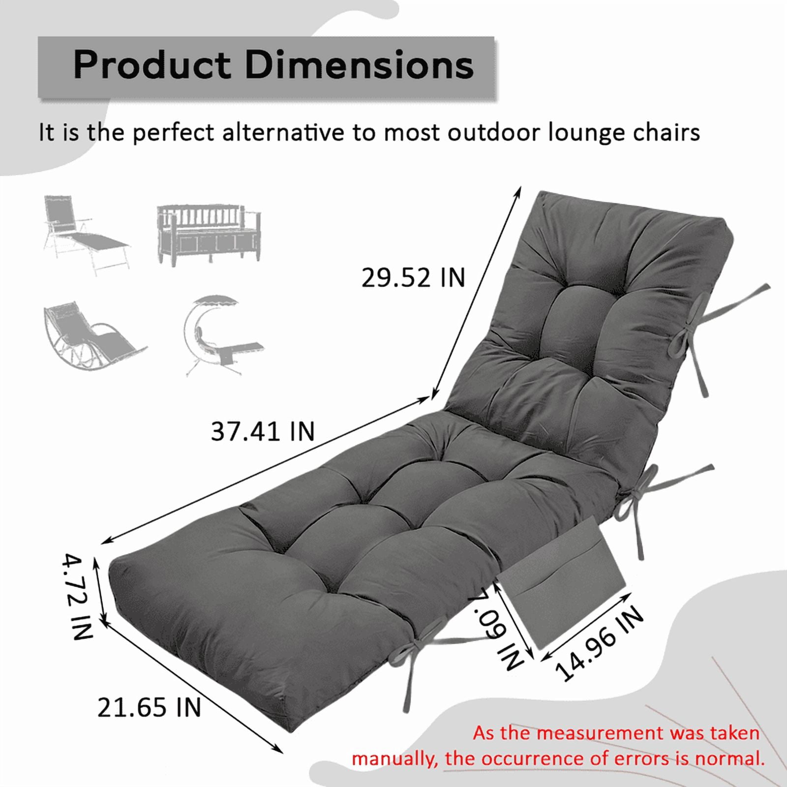 PUKNLY Chaise Lounge Chair Cushion Outdoor, 67*22*4 in Thickened Leisure Lounge Deck Chair Cushion, Waterproof & Fade-Proof Patio Pool Sun Lounger Pad with Straps, Bag, for Pool, Beach, Balcony