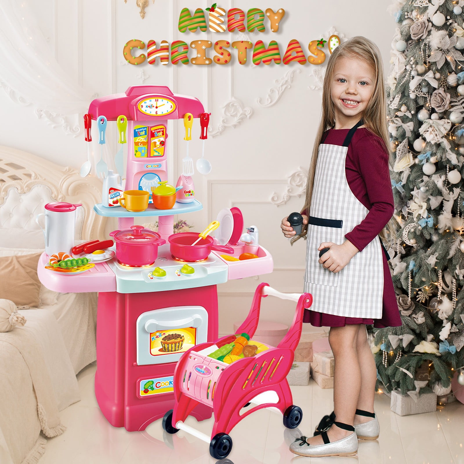 lkoezi Children Grocery Store Playset Kids Supermarket Shopping Set Pretend Play Shopping Grocery Store w/Shopping Cart & Scanner Simulation Vending Machine with Light and Sound Multicolour 
