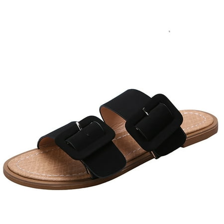 

GNEIKDEING Summer Women Sandals Soft Bottom Flat Open Toe Belt Buckle Beach Slippers Casual Gift on Clearance