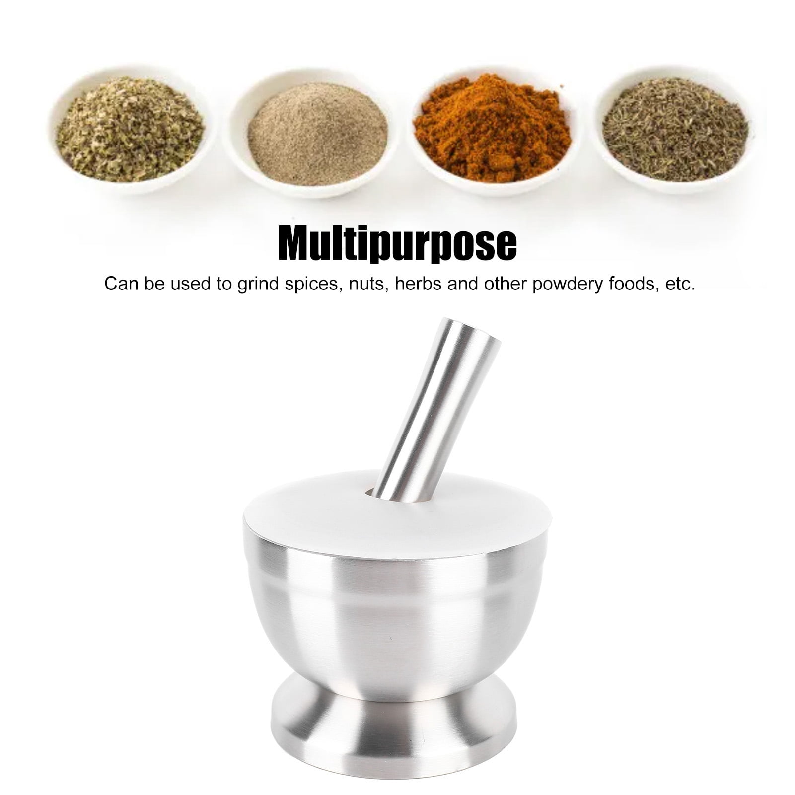 Rupoun 18/8 Stainless Steel Mortar and Pestle Set with Silicone Lid, Skid Resistance Base Food Grade Garlic Herb Spice Crusher for Nuts, Large, Silver (5.9 inches / 15.0 cm)