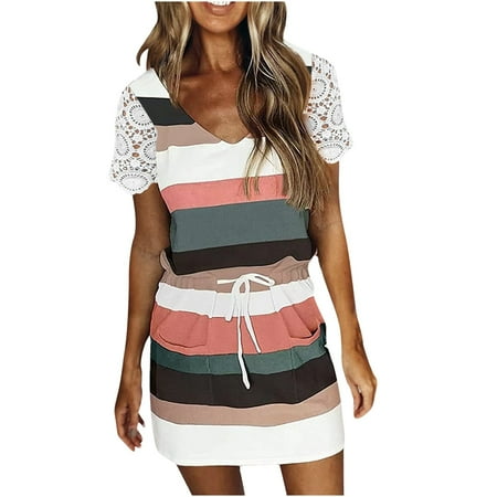 

Women Mini Dress Summer V-Neck Sleeveless Bandage Tunic Stripe Printing Loose Vest Sling Dress Beach Dress