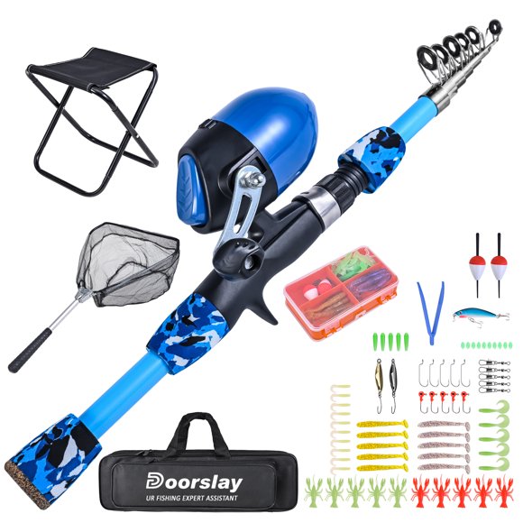 Doorslay Canne à Pêche Tournante, Tabouret Pliable Combo avec Filet Télescopique Canne et Moulinet Huiop Combo avec Boîte à Poteaux et Poteau Télescopique pour Enfants Ensemble Mewmewcat