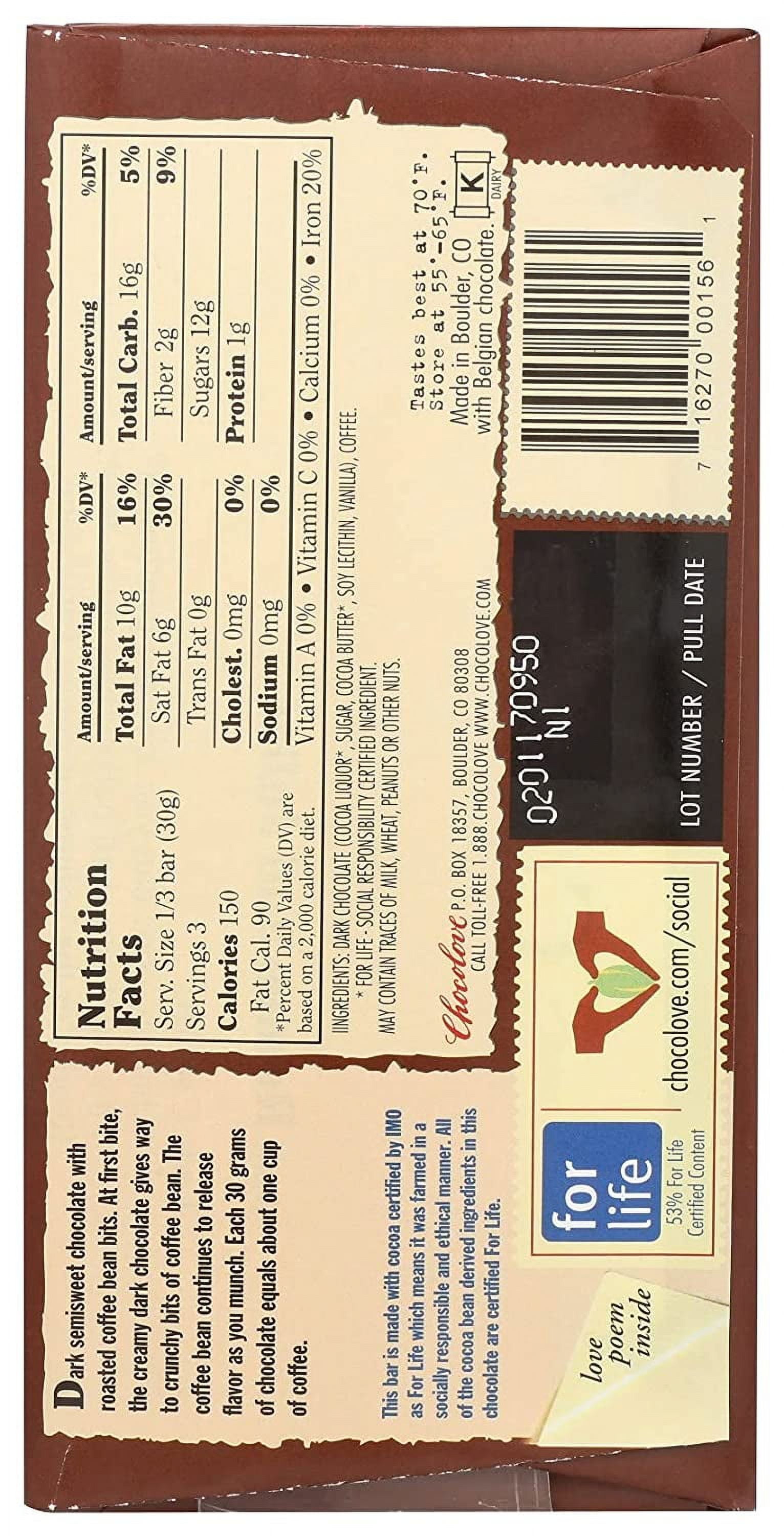 Chocolove Dark Chocolate Bar Coffee Crunch 3.2 oz Pack of 2