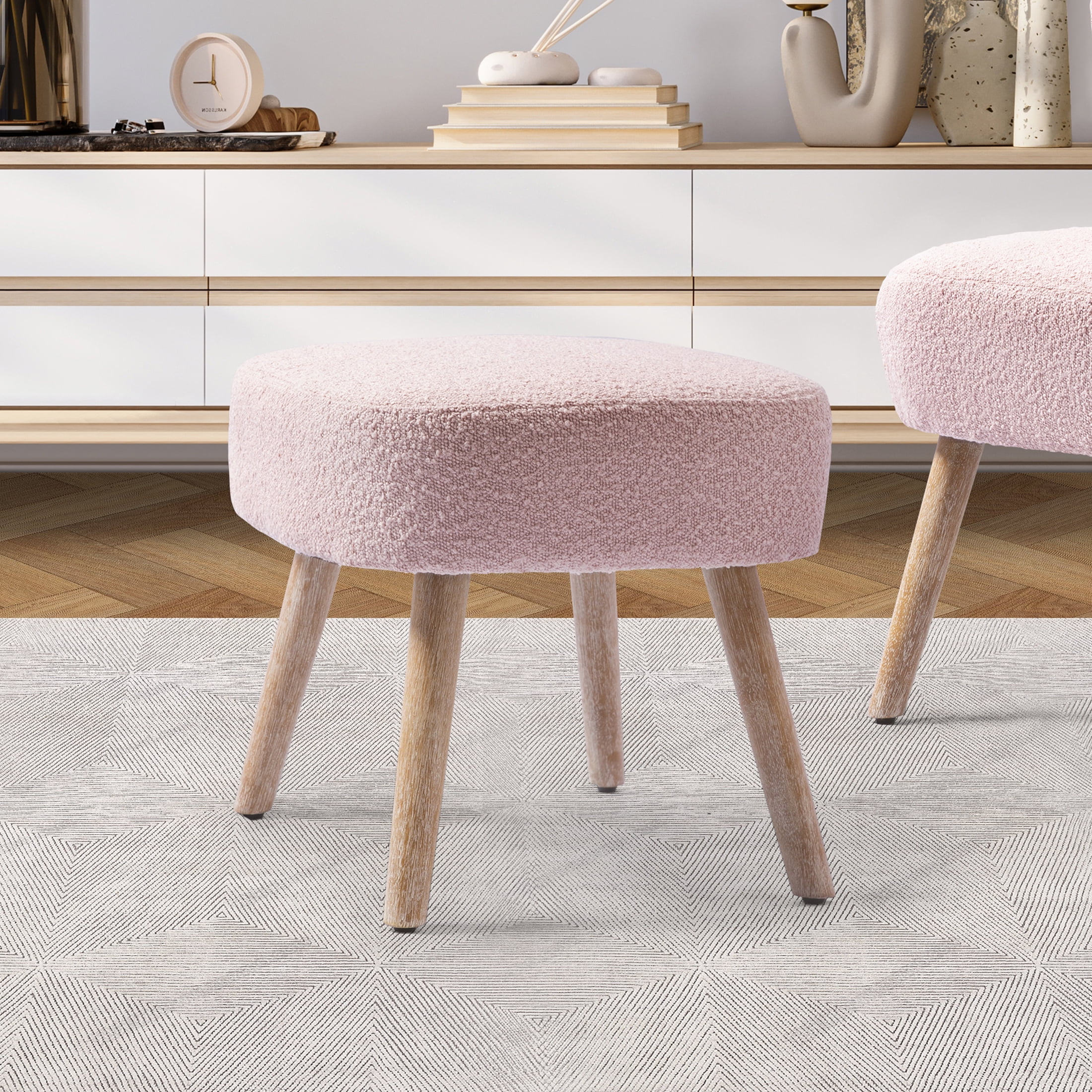 Mid-Century Modern 16.5" Tall Water and Stain Resistant Boucle Fabric Upholstered Ottoman with Wooden Legs, Dusty Peach