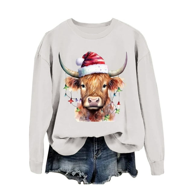 EHQJNJ Sweatshirts Graphiques pour Femmes Sans Capuche Manches Longues Décontracté Noël Vache Western Imprimé Col Rond Sweatshirts Graphiques Violets Col Bénitier pour Femmes Plus