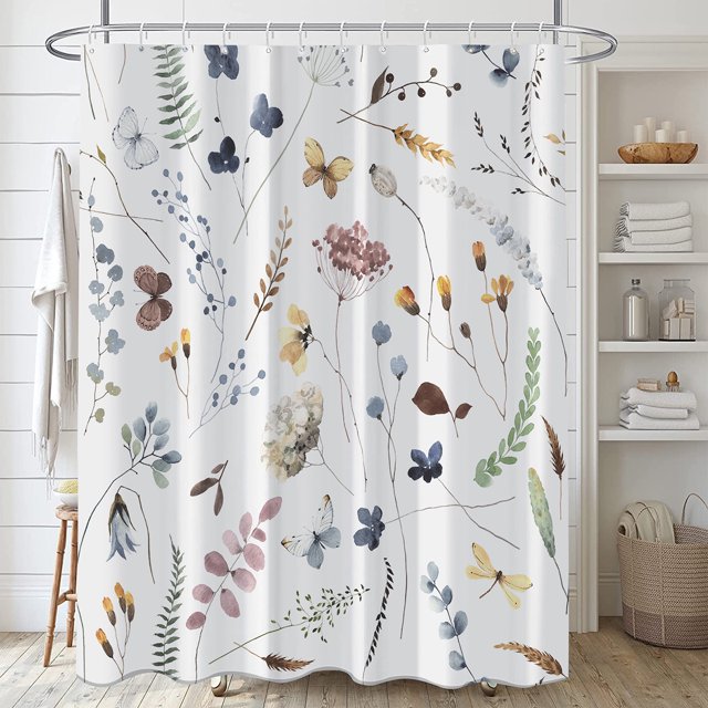 Cortina de ducha floral de acuarela, juego de cortina de ducha de tela impermeable blanca simple y moderna con ganchos, 72 "x 60"