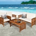 thumbnail image 2 of Costway 4PCS Patio Solid Wood Furniture Set Conversation Coffee Table W/White Cushion, 2 of 10