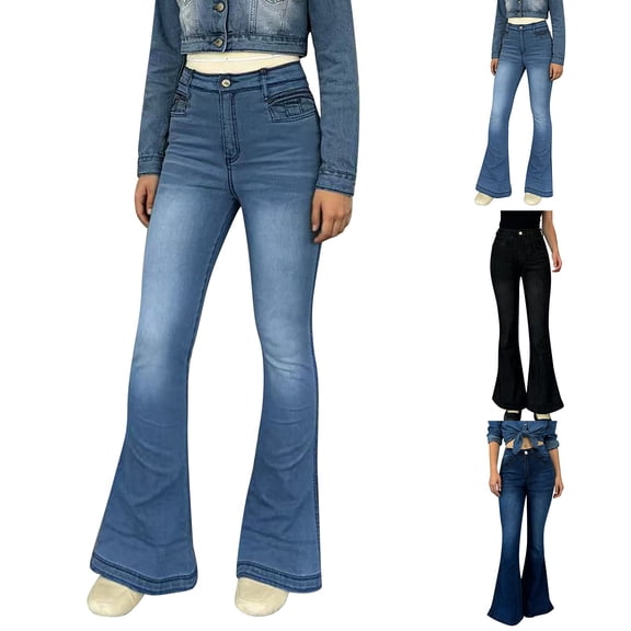 Women's High Waist Flare Jeans, Slim Fit Bootcut Denim Pants, Retro Vintage Washed Jeans for Women, Y2K Inspired Casual Jeans, Everyday Wear and 70s Style Outfits-Black