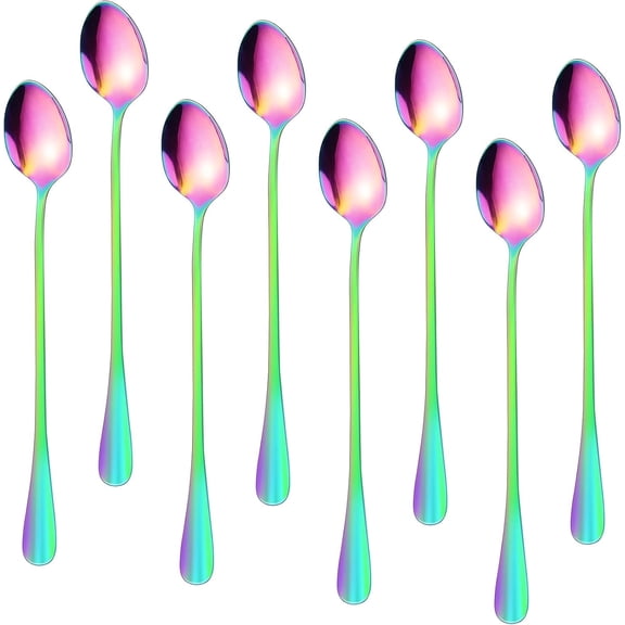 8 Pcs Long Handle Spoons,Satainless Steel Tea Spoons,Ice Cream Spoon,Long Coffee Spoon for Mixing Cocktail Stirring Tea Cold Drink Milkshake Dessert (Colorful)