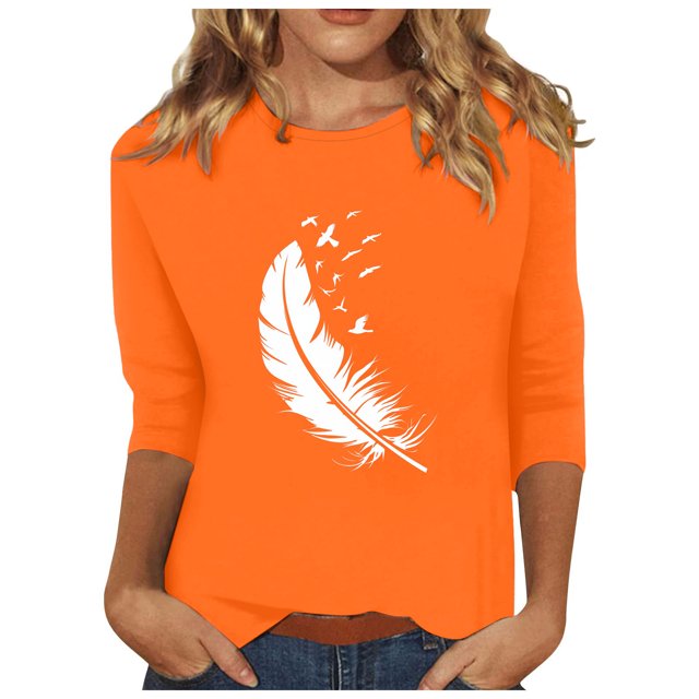 Wanfds Orange Femmes Manches 3/4 Coton Lin Hauts Décontractés Col Rond Manches Trois-Quarts TTTG