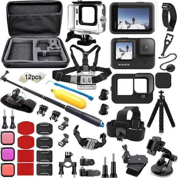 Accessories Kit for Gopro Hero 12 11 10 9 Black Accessory Bundle Waterproof Housing Case Filter Silicone Protector Lens Screen Tempered Glass Head Chest Strap Mount Set for Gopro12 HERO11