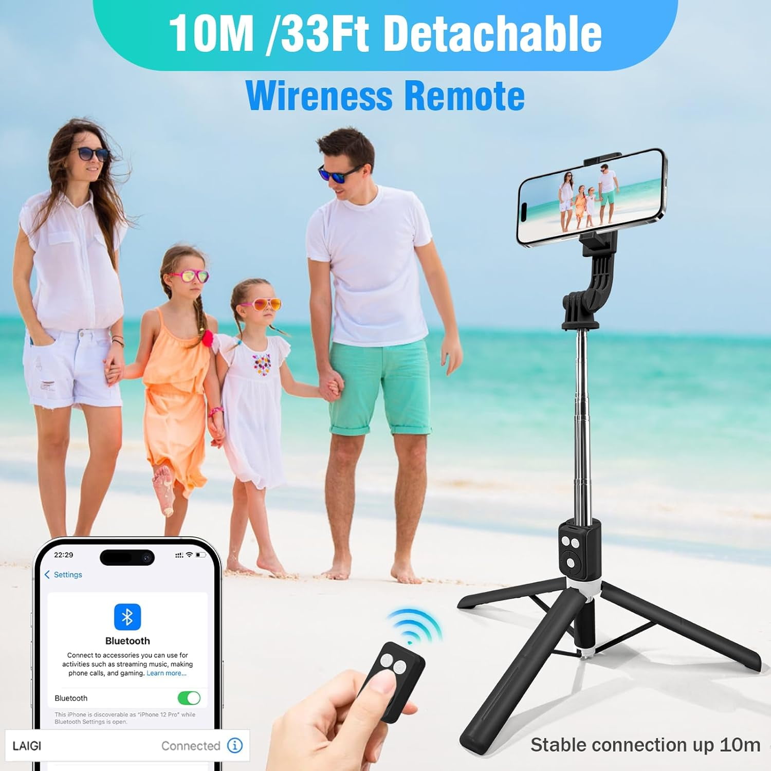 NEOYFC  Selfie Stick Tripod with Wireless Remote, Extendable Adjustable Length, Portable Travel Stand for iPhone 16/15/14/13/12, Samsung Galaxy & Smartphones (Black)