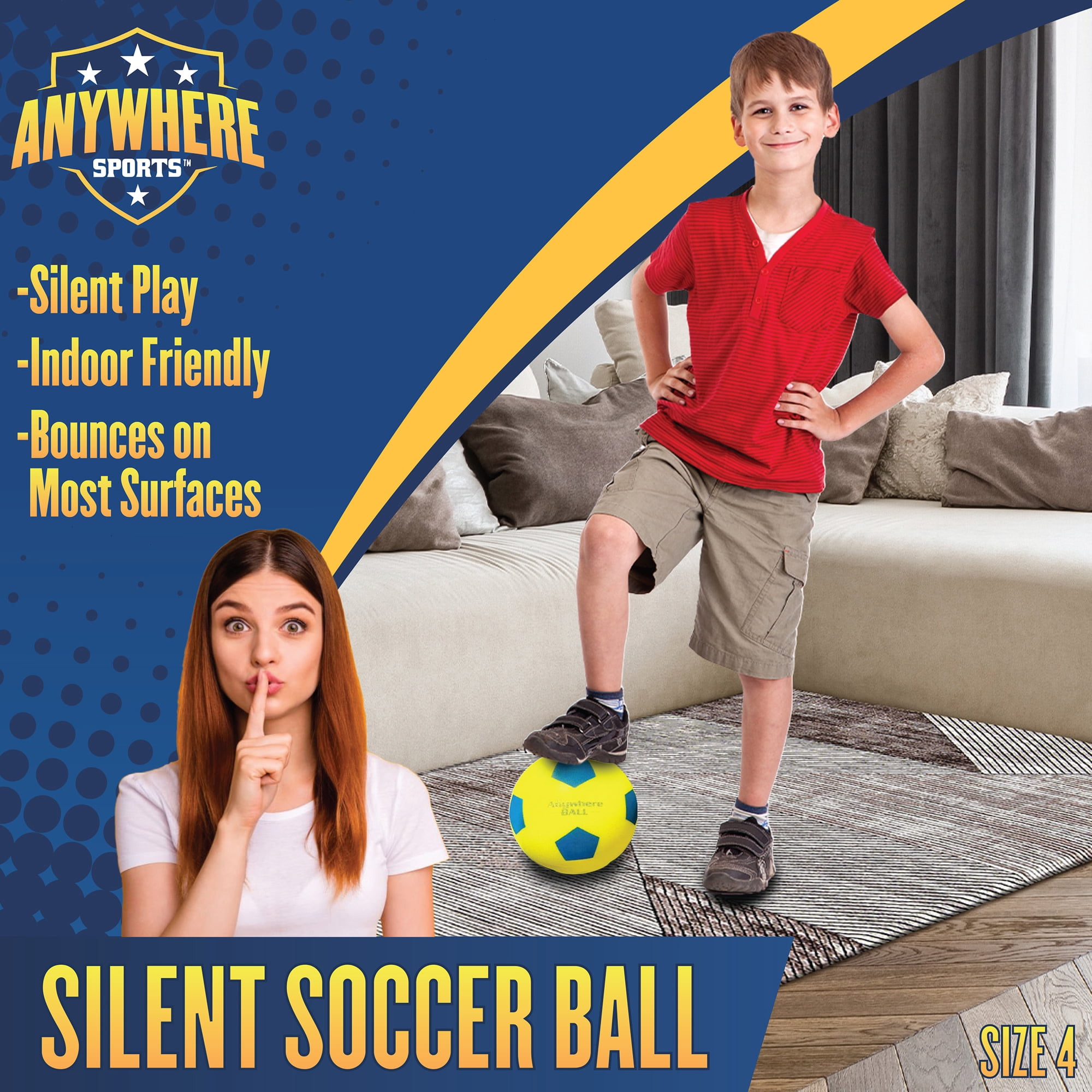 Anywhere Sports: Silent Soccer Ball - 8" Yellow& Blue Squishy Foam Ball, Size 4, Realistic Bounce, Quiet Indoor & Outdoor Play, Waterproof, Kids 3+