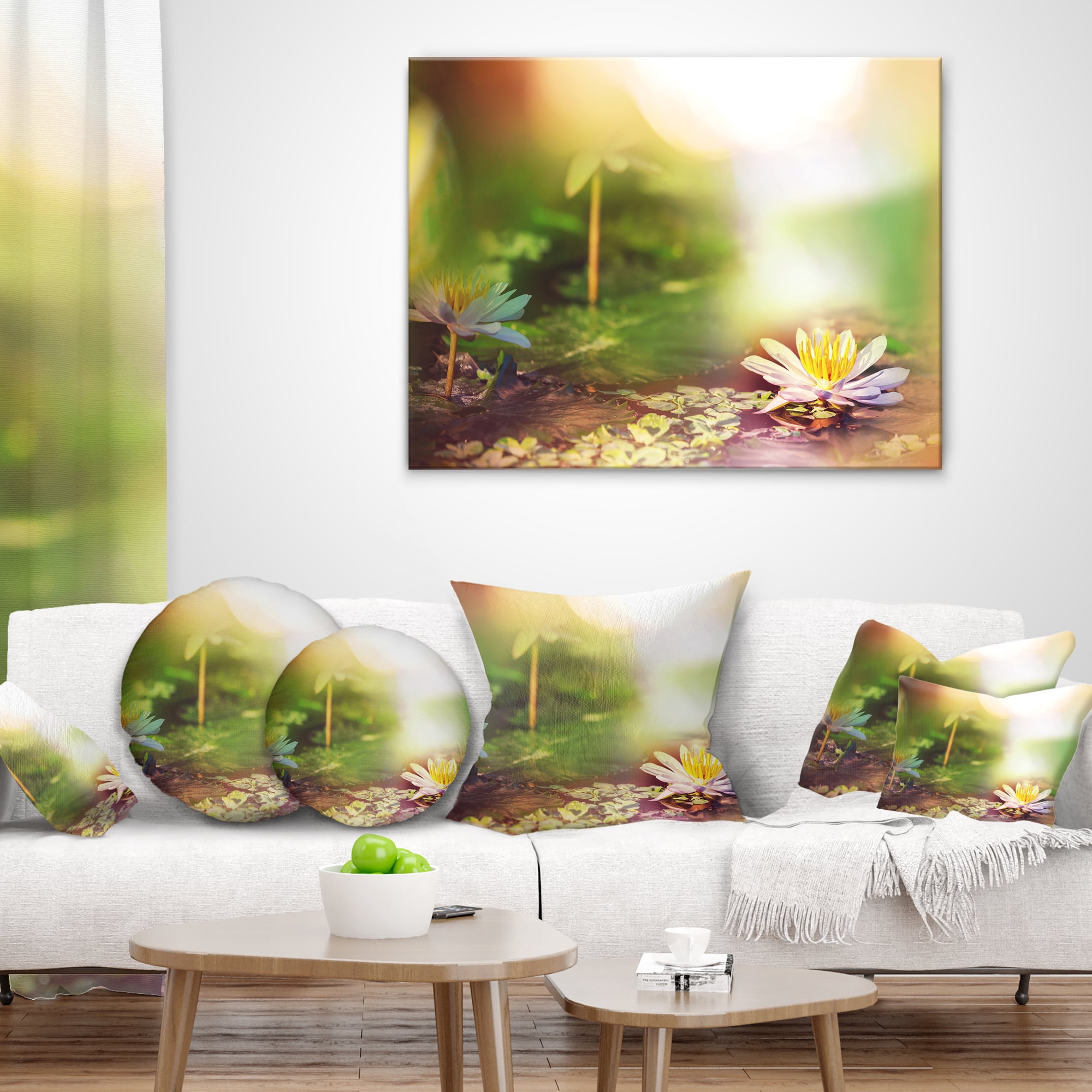 Designart Lotus Flowers on Green Background - Flower Throw Pillow - 16x16