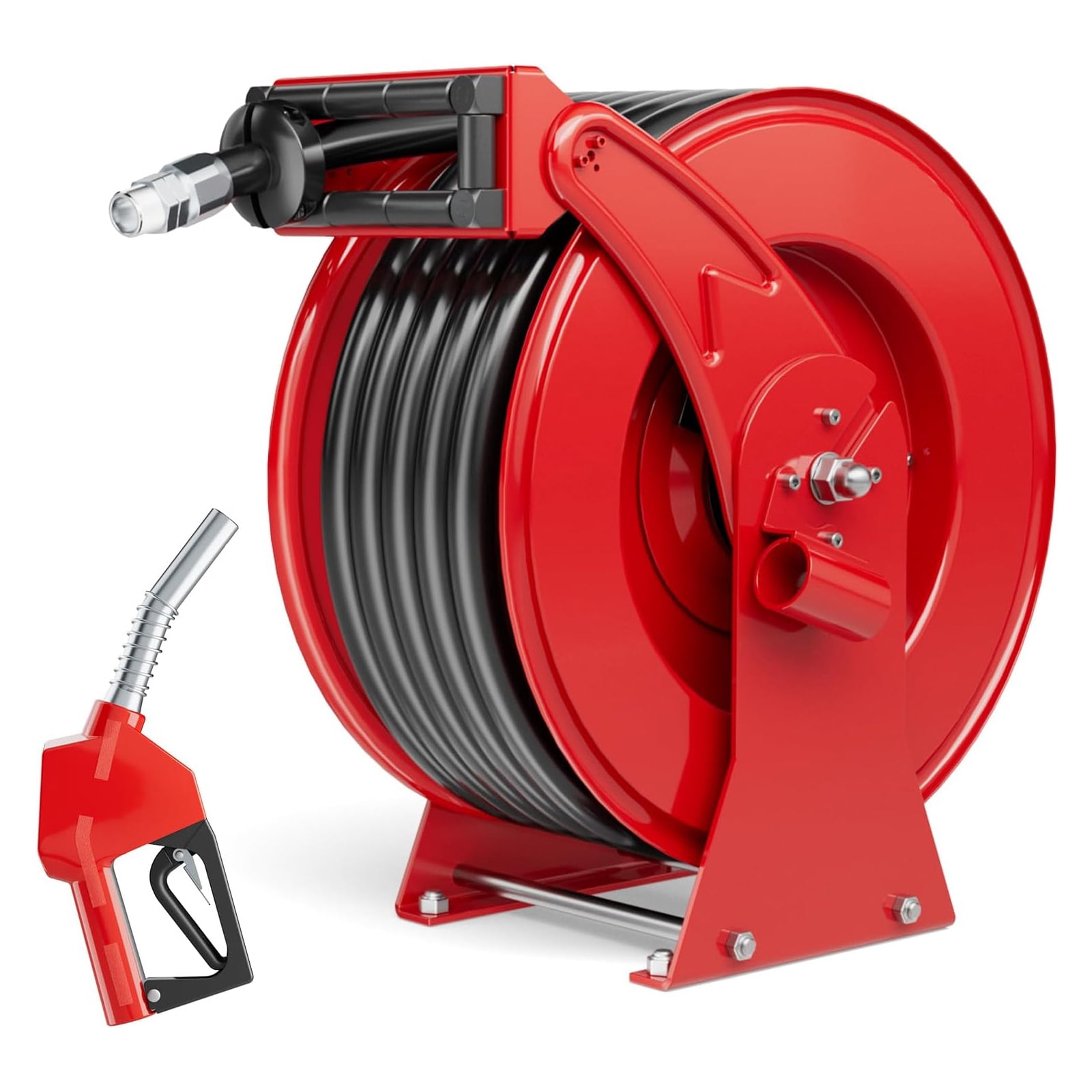 Fuel Hose Reel Retractable, 3/4" x 66FT with Fueling Nozzle, Auto Rewind Spring Driven Diesel Hose Reel, 300PSI Industrial Heavy Duty Steel Construction Reel for Farm Aircraft Ship Vehicle Trailer
