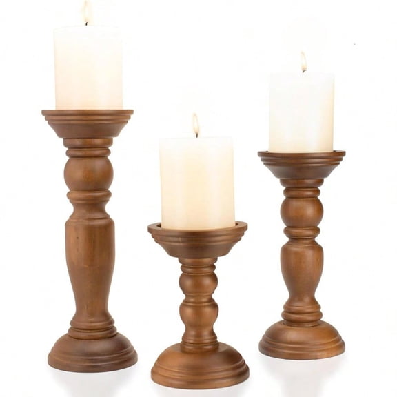 Rustic Wooden Pillar Candle Holders Set of 3 12'' 9'' 6'' Farmhouse Wood Candle Stand for Table Centerpieces Vintage Tall Candleholders Fireplace Mantel Decor for Living Room Brown