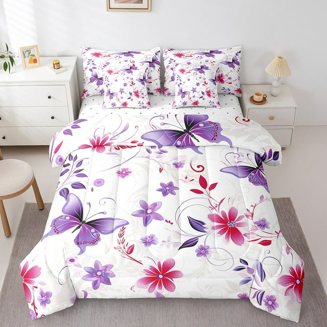 YST Ensemble Douillette Grand 7 Pcs avec Draps, Floral Butterfly, Polyester, Type Douillette et Housse de Couette, Format Grand, 1 Unité