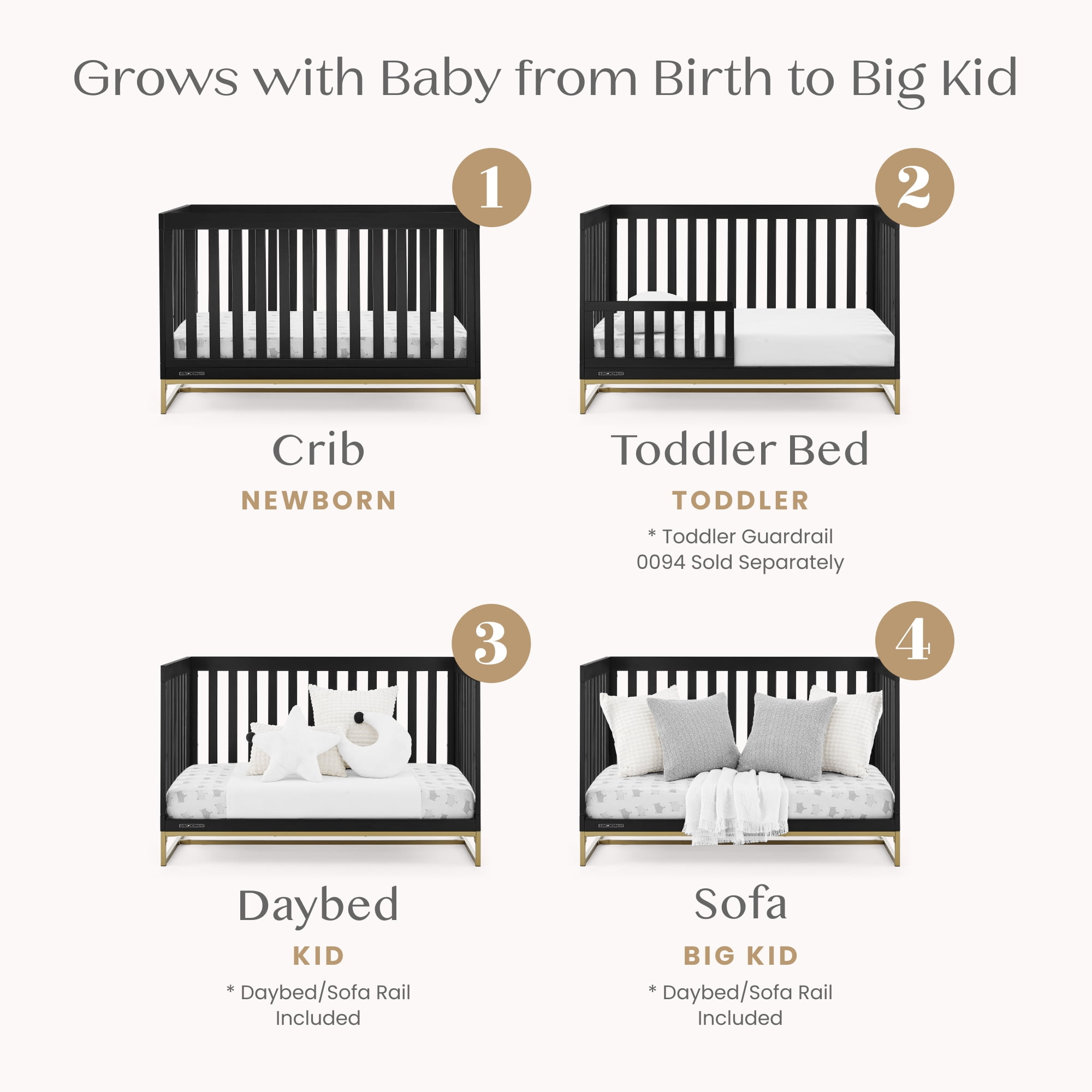Delta Children Jade 4-in-1 Convertible Baby Crib - Greenguard Gold Certified, Ebony/Bronze