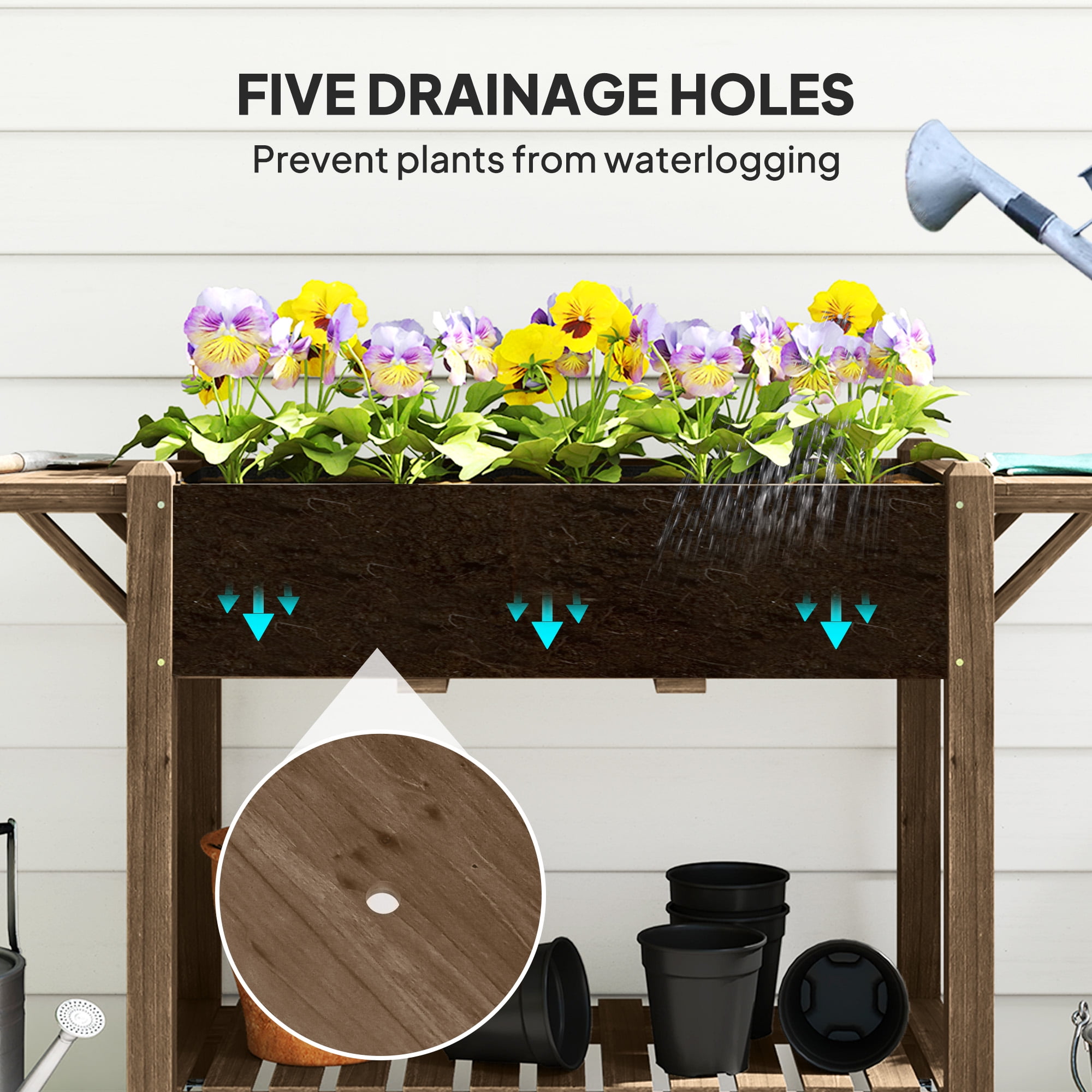 Outsunny Raised Garden Bed, Wood Elevated Planter Box with Lockable Wheels, Side Tables, Bottom Shelf, Bed Liner and Drainage Holes, Carbonized