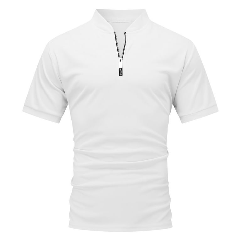 White Mens Polo Shirts Mens Casual Solid Zipper Stand Collar